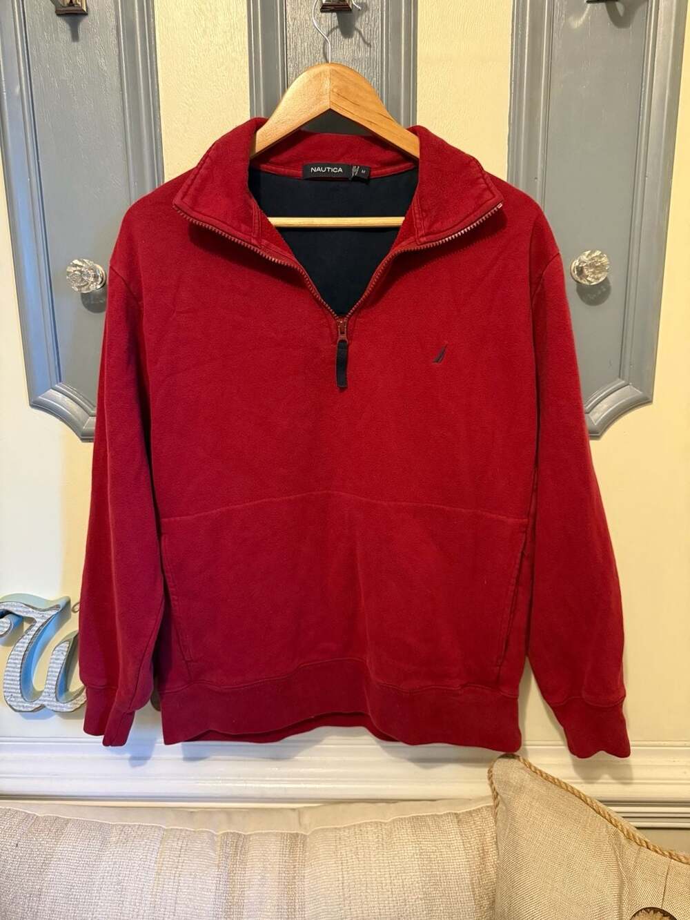 Nautica Quarter Zip Sweatshirt Size M Red Fleece Pullover